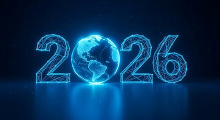 Futuristic glowing blue 2026 text with a digital earth in the center, representing the future and technology