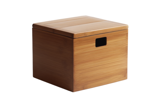 Small wooden box with a dark square detail isolated on transparent background.