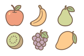 Cute pastel color fruit collection set featuring apple banana pear kiwi grapes and mango