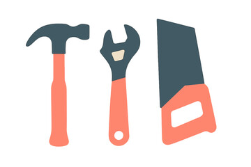 Set of essential construction and repair tools including hammer wrench and handsaw