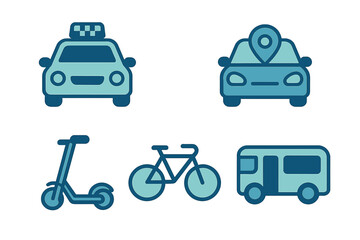 Blue icons set showing city transportation: taxi, car, scooter, bicycle, and bus