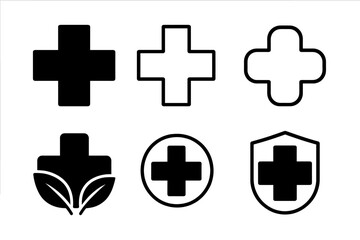 Set of six black and white medical cross icons representing health, pharmacy, and first aid concepts