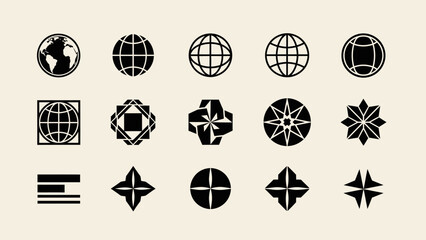 A trendy collection of modern brutalist-style icons, featuring abstract globe and star symbols in bold black for Y2K-inspired graphic design and branding projects © your picture