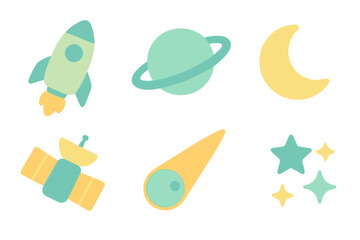 Collection of cute pastel space objects including rocket, planet, moon, satellite, comet, and stars © icon_art