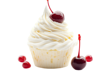 Delicious vanilla cupcake with whipped cream frosting and cherries isolated on transparent background. Whipped cream with cherry on top isolated on white background.