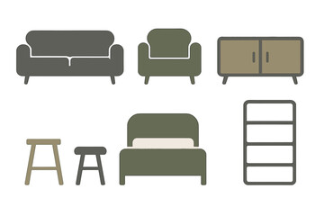 Minimalist collection of essential home furniture pieces: sofa, armchair, bed, cabinet, and stools