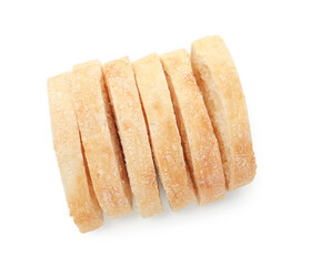 Pieces of tasty fresh ciabatta isolated on white, top view
