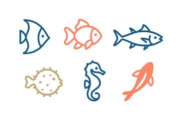 Minimalist outline of six aquatic animals including tropical fish, tuna, and seahorse