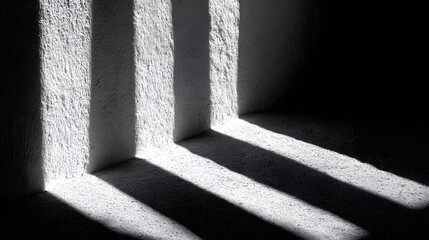 Striking architectural composition showcasing textured white walls illuminated by strong, contrasting beams of light, casting bold shadows and creating a dramatic interplay of light and dark in an...