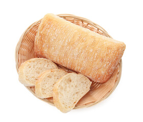 Tasty fresh ciabattas in wicker basket isolated on white, top view