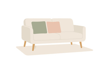 Contemporary cream colored loveseat with two pastel throw pillows isolated on white background