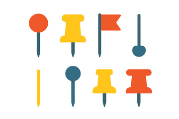 Colorful assortment of office pushpins, thumbtacks, and flag pins for organization and location marking