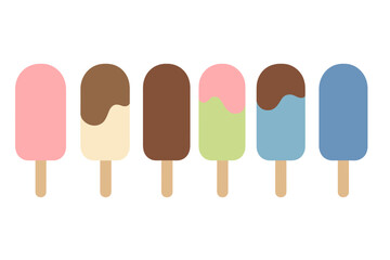 Row of six colorful frozen popsicles on wooden sticks isolated on a white background