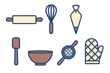 Essential kitchen utensils and equipment icons for baking pastries and desserts
