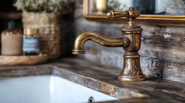 Cinematic view of an antique brass faucet in a rustic setting Generative AI
