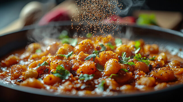 Close-up of cumin seeds sprinkled over delicious curry Generative AI
