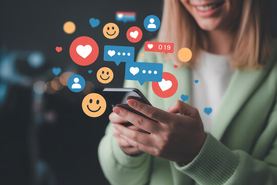 Woman using social media app on phone getting likes and comments for online marketing strategy content