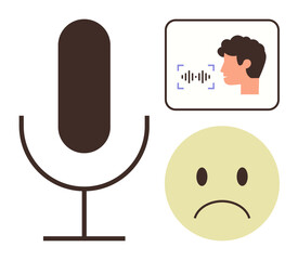 Large microphone, user voice profile analysis with sound wave, sad face reaction. Ideal for AI, technology, communication, voice command, emotion detection, digital feedback simple flat metaphor