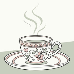 Delicate floral patterned teacup with steam rising from a warm beverage on a matching saucer