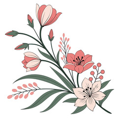 Elegant floral arrangement with pink and cream colored flowers and green leaves on a white background