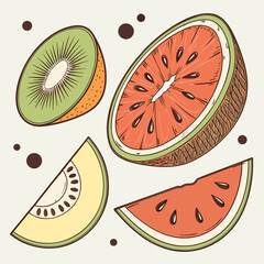 Hand drawn illustration of sliced kiwi fruit watermelon slices and a melon wedge with brown dots on a light background