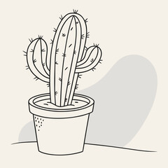 Simple line drawing of a potted cactus plant with a soft gray abstract shape in the background