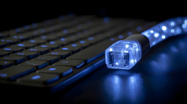 Illuminating blue light radiates from a modern keyboard and a glowing data cable with a translucent end, showcasing intricate internal components on a dark, sleek surface.
