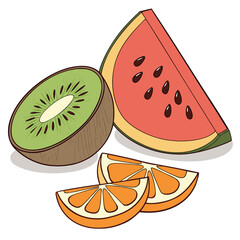 Vibrant illustration of a sliced kiwi a wedge of watermelon and two orange slices on a white background