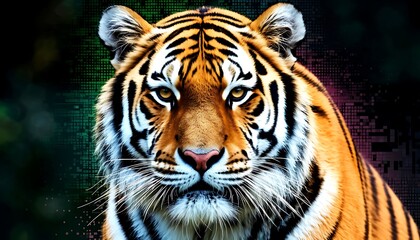 Fototapeta premium Tiger staring directly out. Digital technology pattern blending with the background, representing nature and future