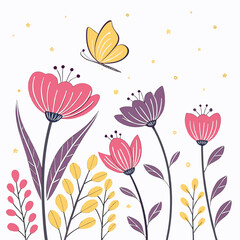 Whimsical illustration of a yellow butterfly flying over a field of colorful pink and purple flowers with yellow leaves