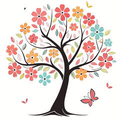 Fototapeta premium Whimsical illustration of a stylized tree adorned with colorful blossoms and falling leaves featuring a butterfly and a bird