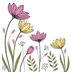 Delicate hand drawn pastel pink and yellow flowers and green leaves on a white background