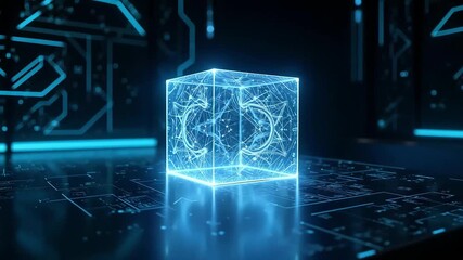 Futuristic glowing cube rotating in a dark tech environment - Powered by Adobe