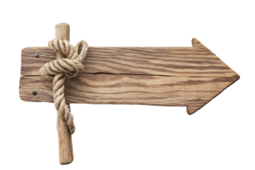 Rustic wooden arrow sign with rope isolated on transparent background. Wooden sign with ropes isolated on white background.