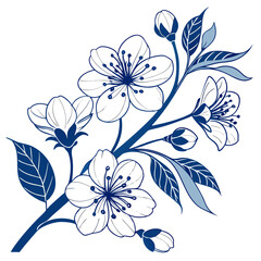 Elegant blue and white line art illustration of cherry blossoms and buds on a branch with leaves