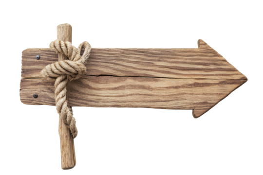 Rustic wooden arrow sign with rope isolated on transparent background. Wooden sign with ropes isolated on white background.