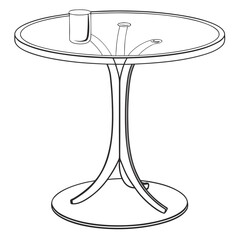 Modern minimalist line art drawing of a round glass top table with a unique pedestal base and a cup
