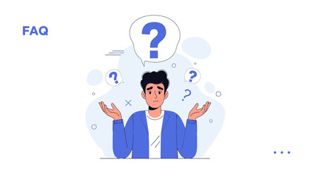 Frustrated man surrounded by question marks illustrating frequently asked questions