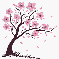 Stylized illustration of a dark brown cherry blossom tree with delicate pink flowers and falling petals against a white background