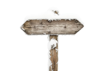 Wooden directional signpost covered in snow isolated on transparent background. Wooden signpost in snow isolated on white background.