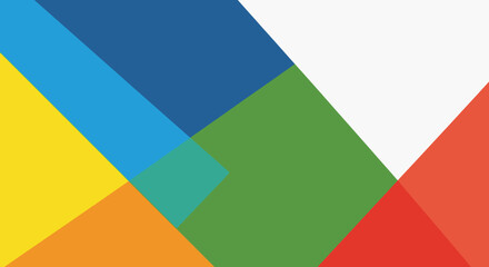 A vibrant composition of overlapping geometric shapes in primary and secondary colors creating