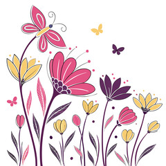 Whimsical floral garden illustration with pink yellow and purple flowers and delicate butterflies fluttering