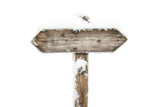 Wooden directional signpost covered in snow isolated on transparent background. Wooden signpost in snow isolated on white background.