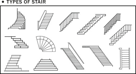 Types of Stair Design Illustration Collection in Architectural Blueprint Style, Types of Stair, architecture design