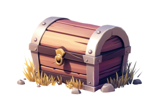 Cartoon wooden treasure chest with metal bands isolated on transparent background. Wooden treasure chest icon isolated on white background.