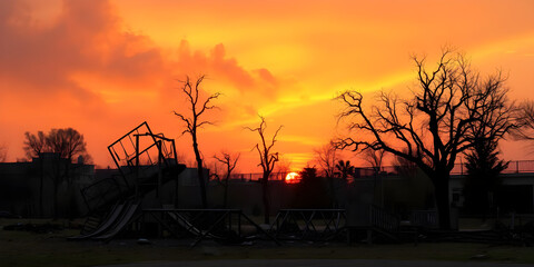 Sunset over a destroyed city park, trees uprooted, playground equipment twisted, smoke clouds blending with dramatic orange sky.