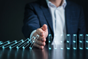 Stopping domino effect business risk management strategy crisis prevention and leadership solution concept