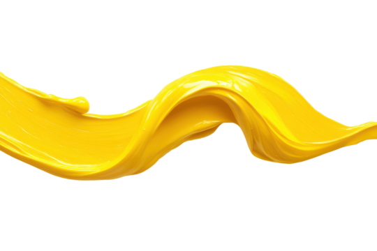 Abstract yellow liquid splash wave isolated on transparent background. Yellow paint stroke isolated on white background.