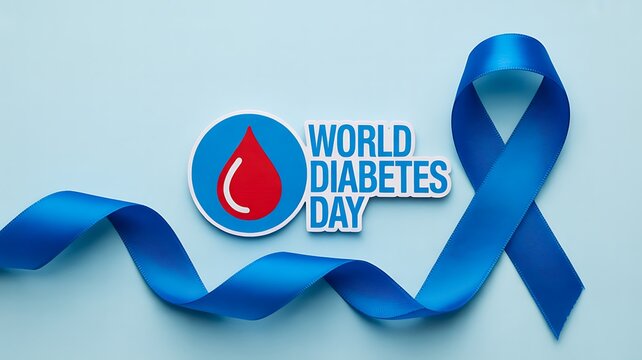 Blue awareness ribbon with world diabetes day symbol on light background
