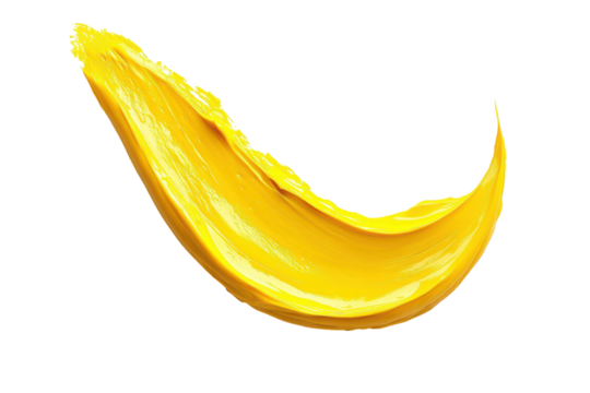 Abstract yellow liquid splash wave isolated on transparent background. Yellow paint stroke isolated on white background.